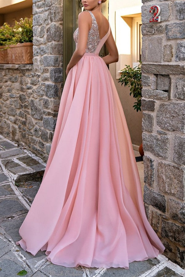 Charming Long Pink V-Neck Glitter Sleeveless Prom Dresses Long Slit Online-stylesnuggle