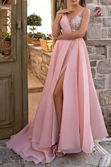 Charming Long Pink V-Neck Glitter Sleeveless Prom Dresses Long Slit Online-stylesnuggle