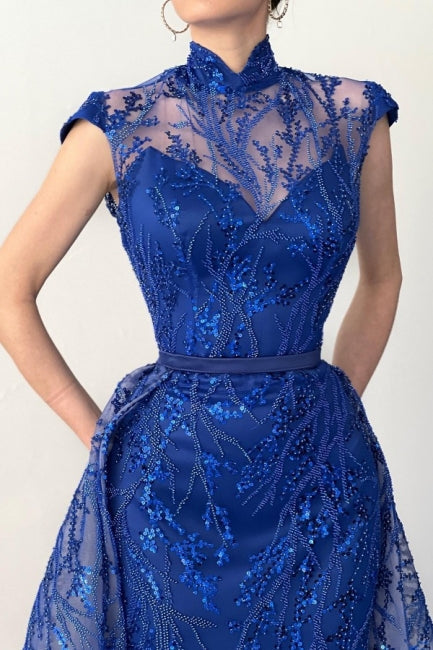 Charming Long Royal Blue High Neck Lace Sleeveless Prom Dresses With Detachable Train-stylesnuggle