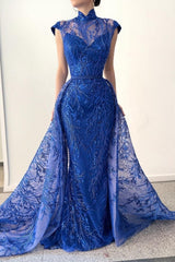 Charming Long Royal Blue High Neck Lace Sleeveless Prom Dresses With Detachable Train-stylesnuggle