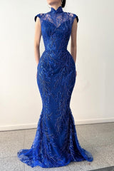 Charming Long Royal Blue High Neck Lace Sleeveless Prom Dresses With Detachable Train-stylesnuggle