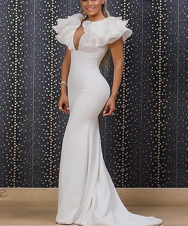 Charming Long White Mermaid V-neck Sleeveless Prom Dresses With Ruffles Long-stylesnuggle