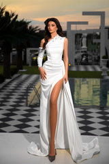 Charming Long White One Shoulder Sleeveless Prom Dresses With Pearls-stylesnuggle