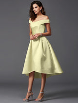 A-Line Charming Off-the-Shoulder Sleeveless High Low Satin Bridesmaid Dresses