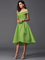 A-Line Charming Off-the-Shoulder Sleeveless High Low Satin Bridesmaid Dresses