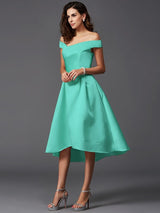 A-Line Charming Off-the-Shoulder Sleeveless High Low Satin Bridesmaid Dresses