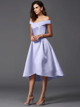 A-Line Charming Off-the-Shoulder Sleeveless High Low Satin Bridesmaid Dresses