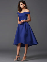 A-Line Charming Off-the-Shoulder Sleeveless High Low Satin Bridesmaid Dresses