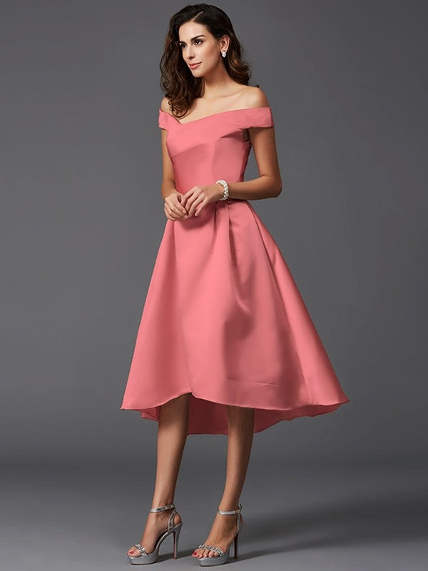 A-Line Charming Off-the-Shoulder Sleeveless High Low Satin Bridesmaid Dresses