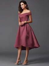 A-Line Charming Off-the-Shoulder Sleeveless High Low Satin Bridesmaid Dresses