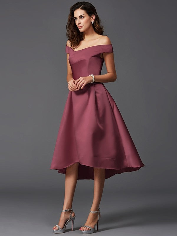 A-Line Charming Off-the-Shoulder Sleeveless High Low Satin Bridesmaid Dresses