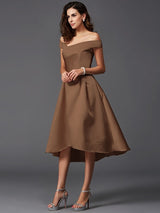 A-Line Charming Off-the-Shoulder Sleeveless High Low Satin Bridesmaid Dresses