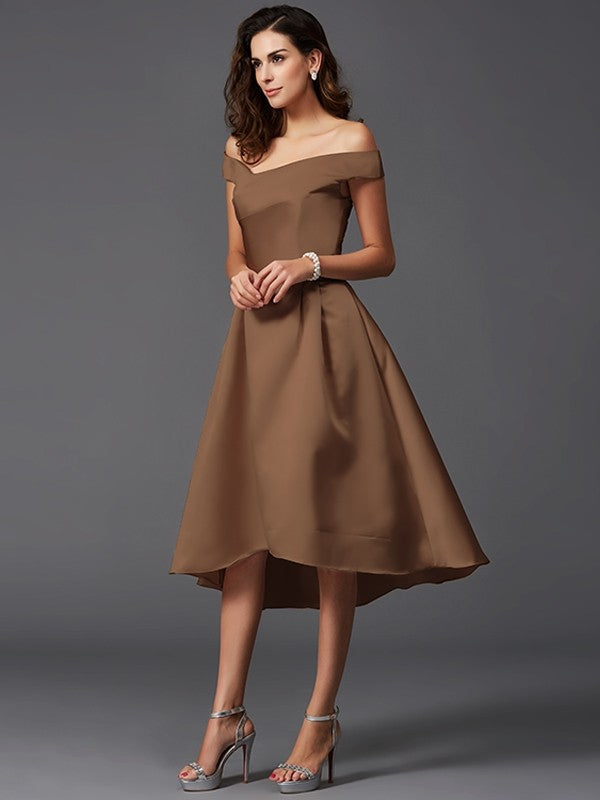 A-Line Charming Off-the-Shoulder Sleeveless High Low Satin Bridesmaid Dresses