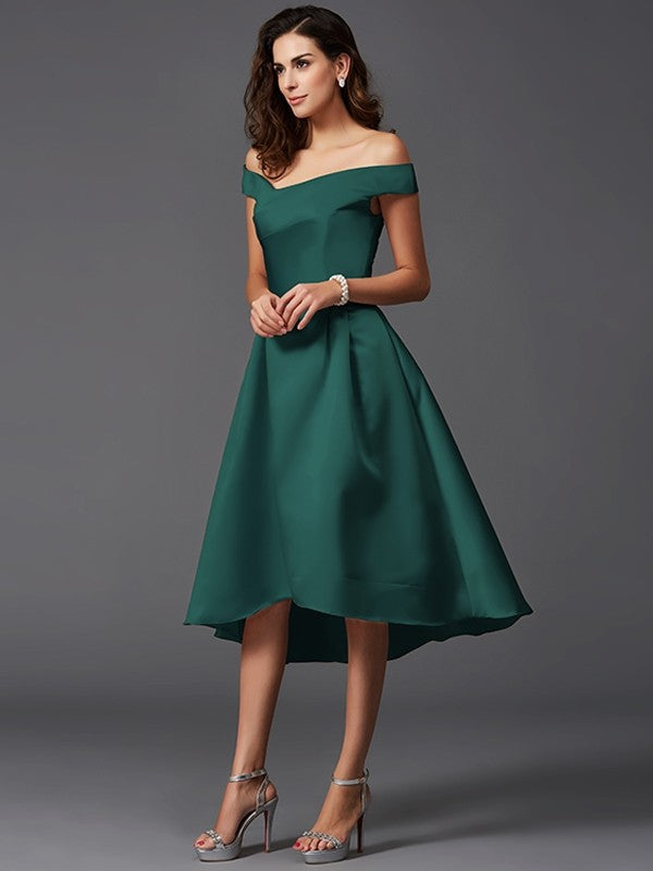 A-Line Charming Off-the-Shoulder Sleeveless High Low Satin Bridesmaid Dresses