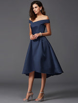 A-Line Charming Off-the-Shoulder Sleeveless High Low Satin Bridesmaid Dresses