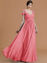 A-Line Charming Off-the-Shoulder Sleeveless Ruched Chiffon Bridesmaid Dresses