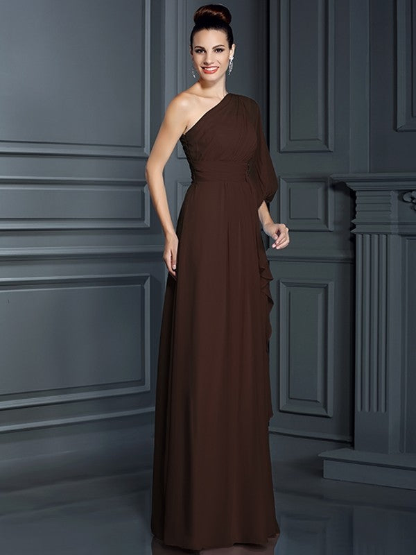 Charming One Shoulder 3/4 Sleeves Long Chiffon Bridesmaid Dresses