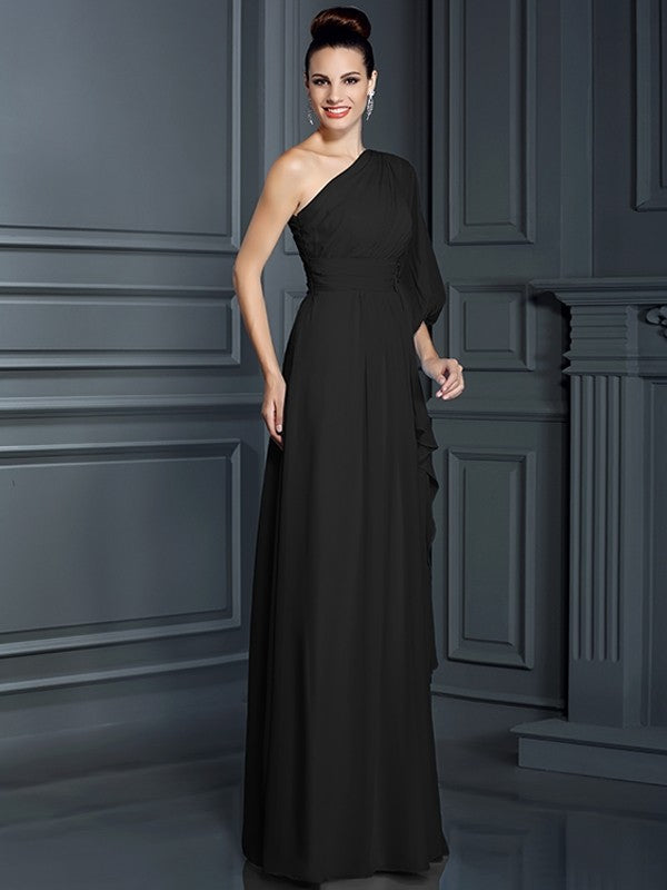 Charming One Shoulder 3/4 Sleeves Long Chiffon Bridesmaid Dresses