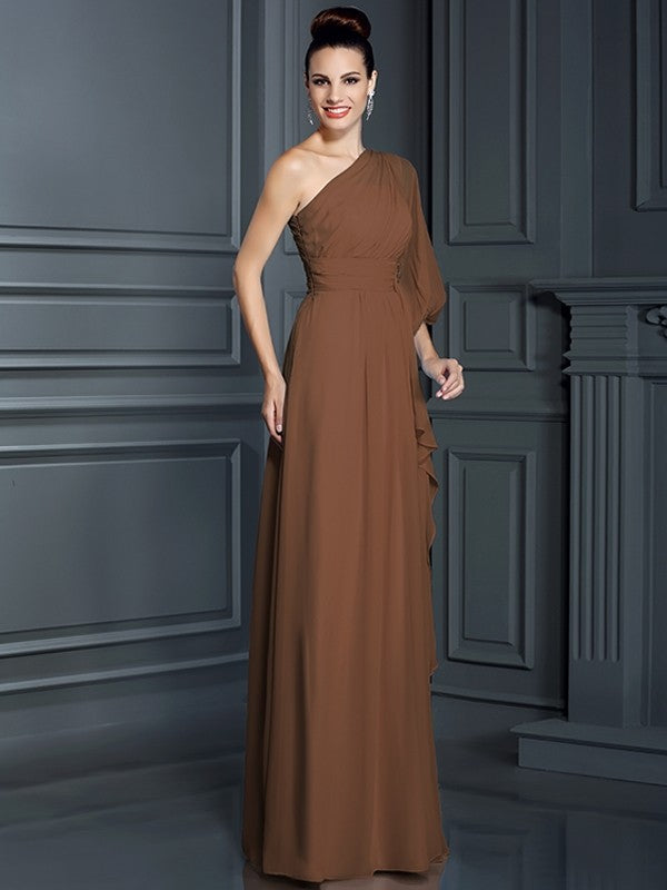 Charming One Shoulder 3/4 Sleeves Long Chiffon Bridesmaid Dresses