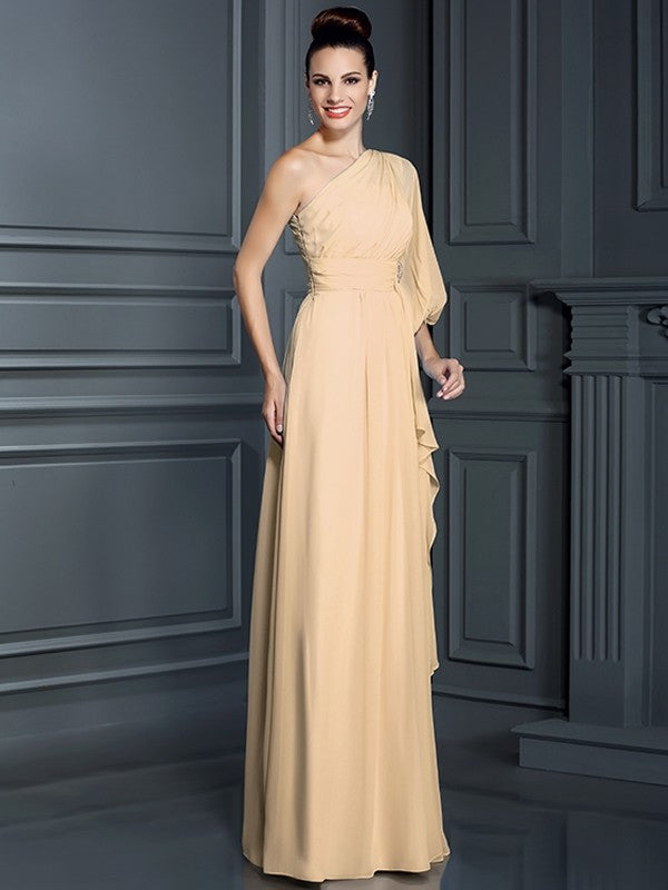 Charming One Shoulder 3/4 Sleeves Long Chiffon Bridesmaid Dresses