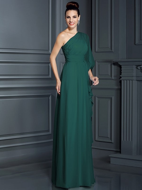 Charming One Shoulder 3/4 Sleeves Long Chiffon Bridesmaid Dresses