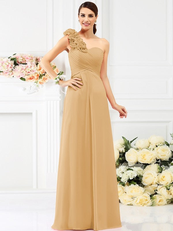 A-Line Charming One Shoulder Hand-Made Flower Sleeveless Long Chiffon Bridesmaid Dresses