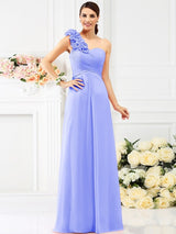 A-Line Charming One Shoulder Hand-Made Flower Sleeveless Long Chiffon Bridesmaid Dresses