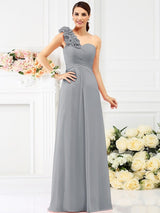 A-Line Charming One Shoulder Hand-Made Flower Sleeveless Long Chiffon Bridesmaid Dresses