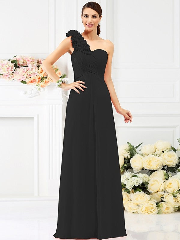 A-Line Charming One Shoulder Hand-Made Flower Sleeveless Long Chiffon Bridesmaid Dresses