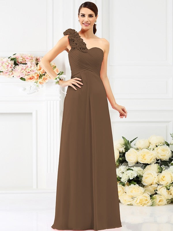 A-Line Charming One Shoulder Hand-Made Flower Sleeveless Long Chiffon Bridesmaid Dresses