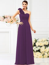 A-Line Charming One Shoulder Hand-Made Flower Sleeveless Long Chiffon Bridesmaid Dresses