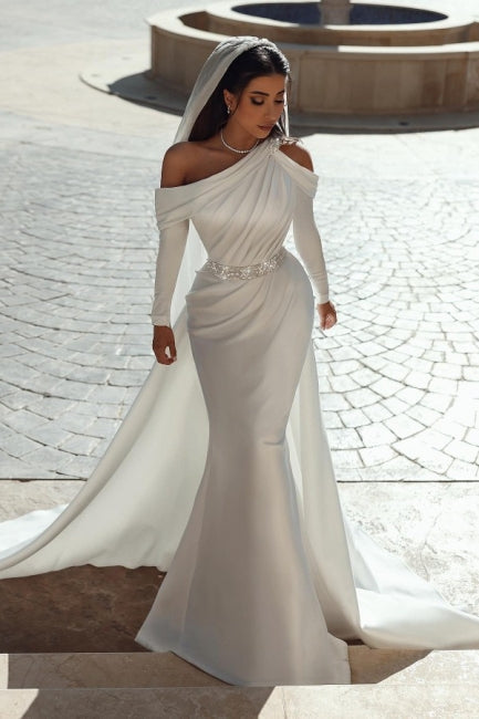 Charming One Shoulder Long Sleeves Mermaid Wedding Dress With Ruffles Long-stylesnuggle