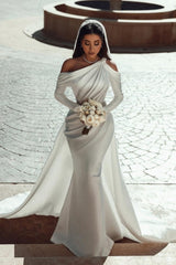 Charming One Shoulder Long Sleeves Mermaid Wedding Dress With Ruffles Long-stylesnuggle