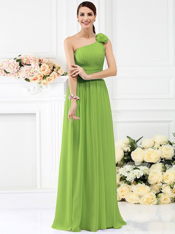 A-Line Charming One Shoulder Pleats Hand-Made Flower Sleeveless Long Chiffon Bridesmaid Dresses