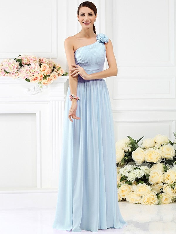 A-Line Charming One Shoulder Pleats Hand-Made Flower Sleeveless Long Chiffon Bridesmaid Dresses