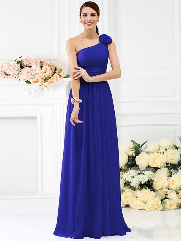 A-Line Charming One Shoulder Pleats Hand-Made Flower Sleeveless Long Chiffon Bridesmaid Dresses