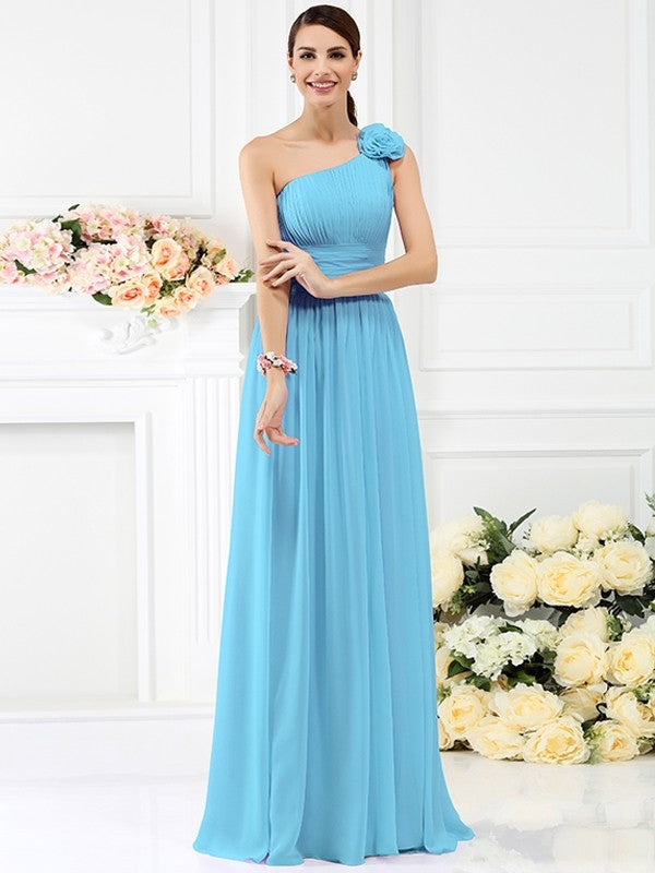 A-Line Charming One Shoulder Pleats Hand-Made Flower Sleeveless Long Chiffon Bridesmaid Dresses