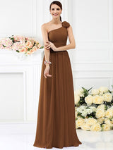 A-Line Charming One Shoulder Pleats Hand-Made Flower Sleeveless Long Chiffon Bridesmaid Dresses