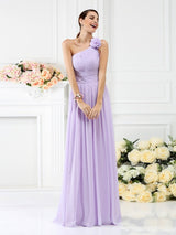 Charming One Shoulder Pleats Hand-Made Flower Sleeveless Long Chiffon Bridesmaid Dresses