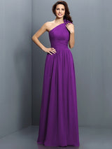 A-Line Charming One Shoulder Pleats Sleeveless Long Chiffon Bridesmaid Dresses