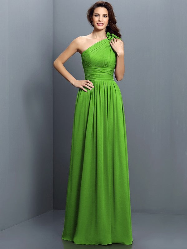 A-Line Charming One Shoulder Pleats Sleeveless Long Chiffon Bridesmaid Dresses