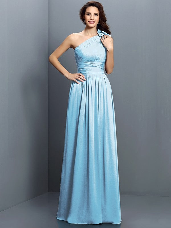 A-Line Charming One Shoulder Pleats Sleeveless Long Chiffon Bridesmaid Dresses