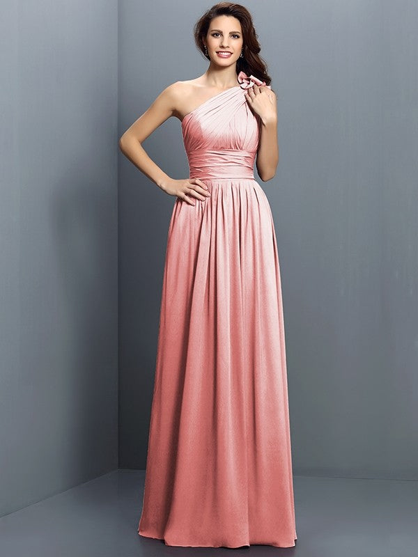 A-Line Charming One Shoulder Pleats Sleeveless Long Chiffon Bridesmaid Dresses