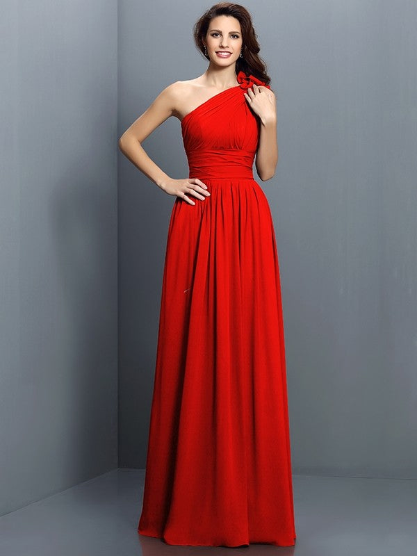 A-Line Charming One Shoulder Pleats Sleeveless Long Chiffon Bridesmaid Dresses