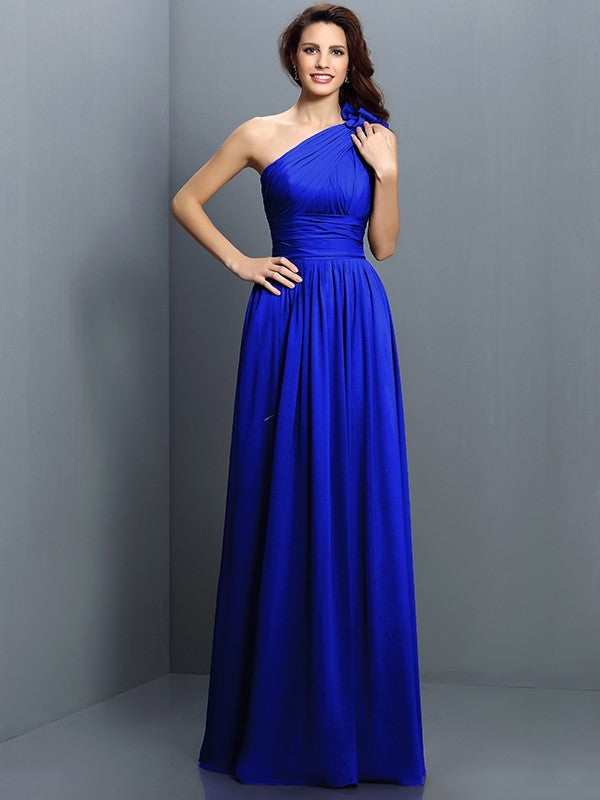 A-Line Charming One Shoulder Pleats Sleeveless Long Chiffon Bridesmaid Dresses