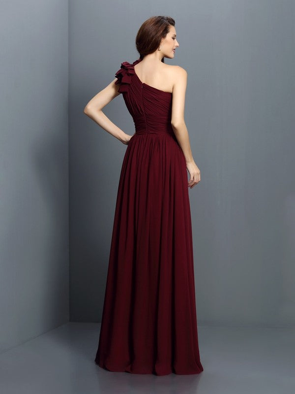 A-Line Charming One Shoulder Pleats Sleeveless Long Chiffon Bridesmaid Dresses