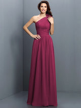 A-Line Charming One Shoulder Pleats Sleeveless Long Chiffon Bridesmaid Dresses