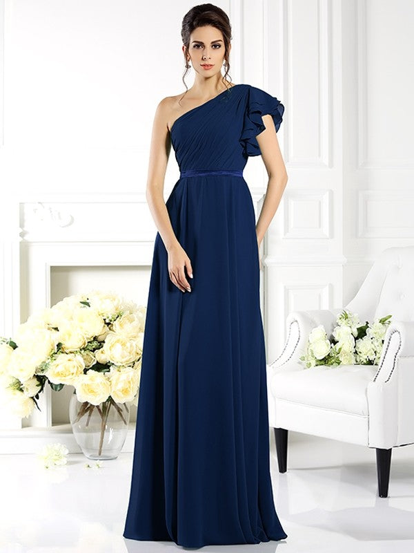 A-Line Charming One Shoulder Ruffles Sleeveless Long Chiffon Bridesmaid Dresses