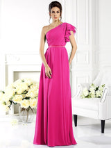 A-Line Charming One Shoulder Ruffles Sleeveless Long Chiffon Bridesmaid Dresses