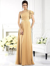 A-Line Charming One Shoulder Ruffles Sleeveless Long Chiffon Bridesmaid Dresses